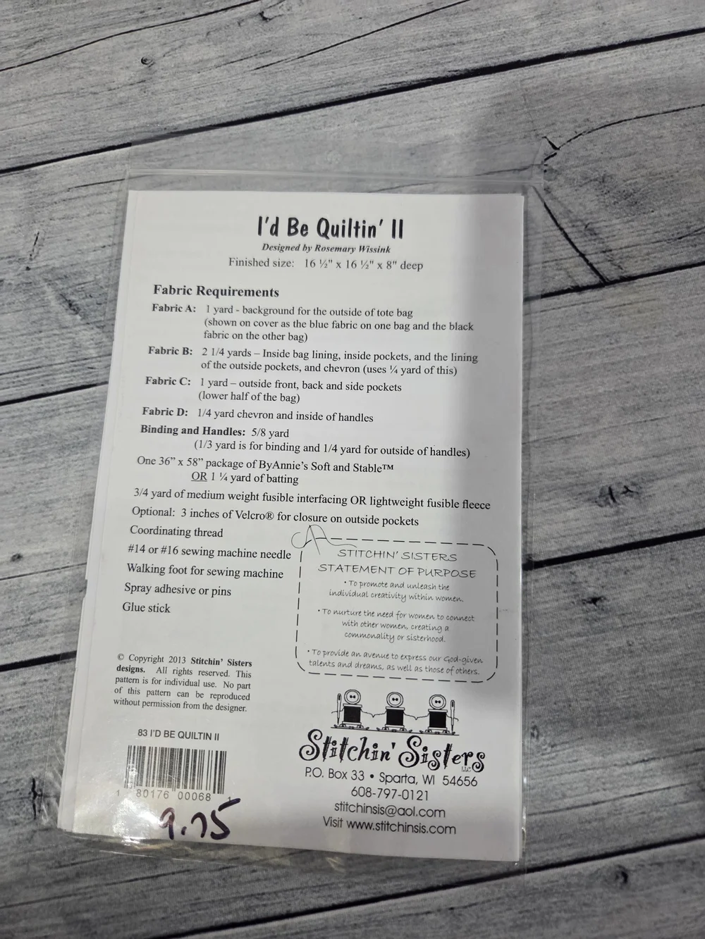 Stitchin' Sisters I'd Be Quiltin' II Tote Sewing Pattern